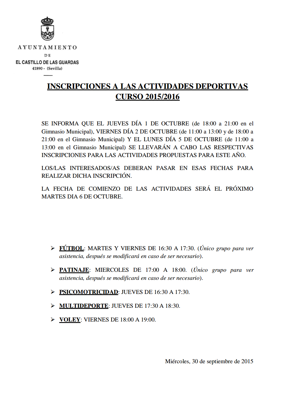 Inscripciones Actividades Deportivas Curso 2015 - 2016