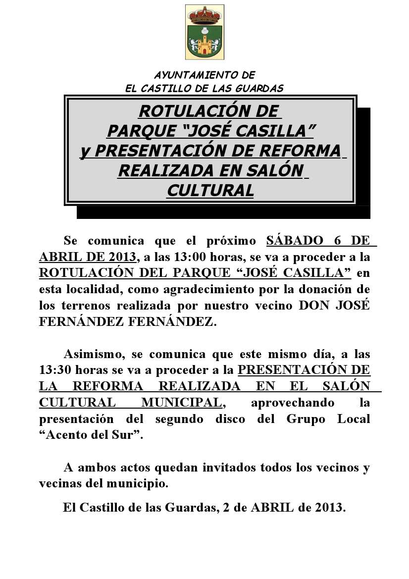 ANUNCIO ROTULACION PARQUE JOSE CASILLA Y PRESENTACION OBRA SALON CULTURAL